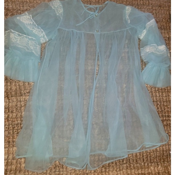 Miss Elaine 1960s Chic Blue Chiffon Lace Short Nightie w Sheer Robe 3/4 slv S/M - Picture 3 of 16